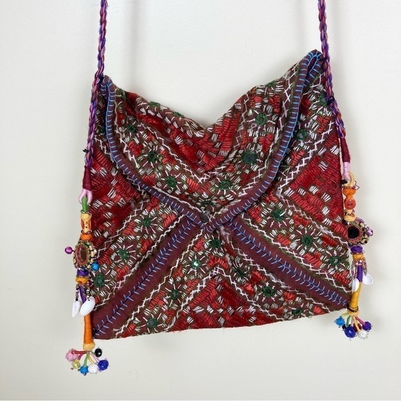 Vtg Boho Mirrored Embroidered Embellished Indian Envelope Crossbody Bag Dowry OS - Picture 2 of 15